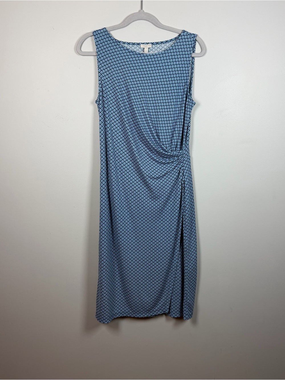 Talbots Blue Knit Geometric Sheath Dress Ruched Waist Career Work Size Small